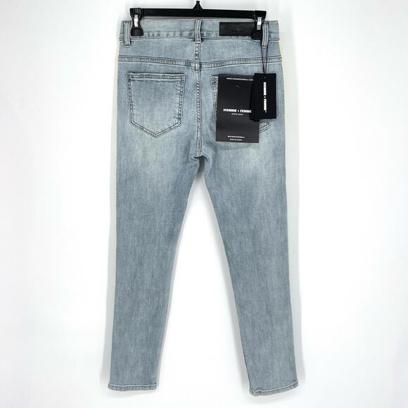 Homme + Femme NEW Tesla Skinny Blue Jeans 28 Yellow Green Gradient Logo Ribbon - Picture 5 of 9